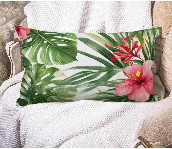EKOBLA Watercolor Tropical Floral Pillow Cover Hawaii Palm Tree Hibiscus Square by EKOBLA