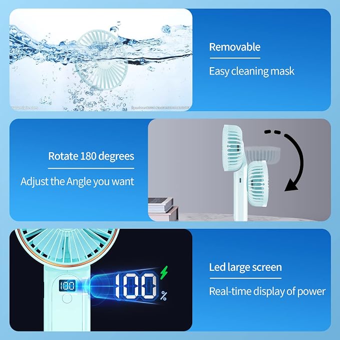 Peiyuu Portable Fan, 4000mAh USB Rechargeable, 180° Foldable Mini Desk Fan - Image 4
