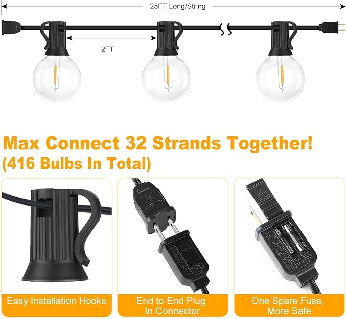 Bosceos 25FT Outdoor G40 LED Globe String Lights Dimmable Waterproof - Image 6