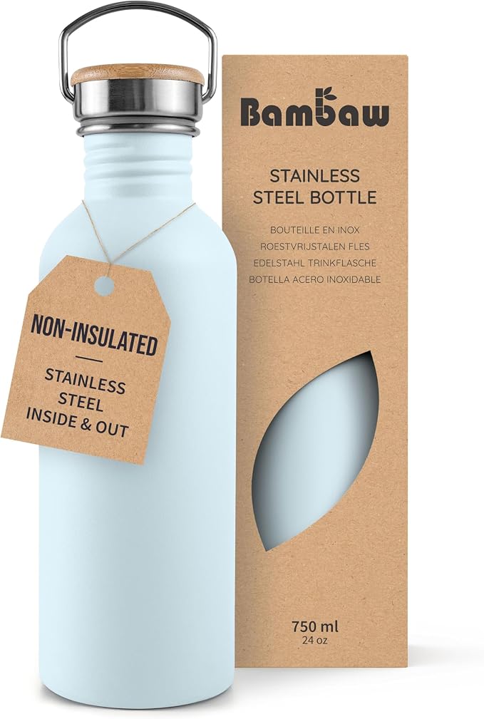 Bambaw Metal Water Bottle 750 ml, Light Blue Sports Bottle, Non-Insulated Water by Bambaw