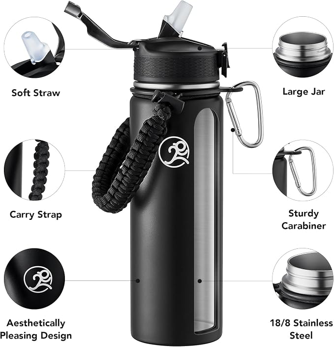 GOSWAG Insulated Sports Water Bottle, 24oz 2 Lids, Stainless Steel Water Bottles - Image 3