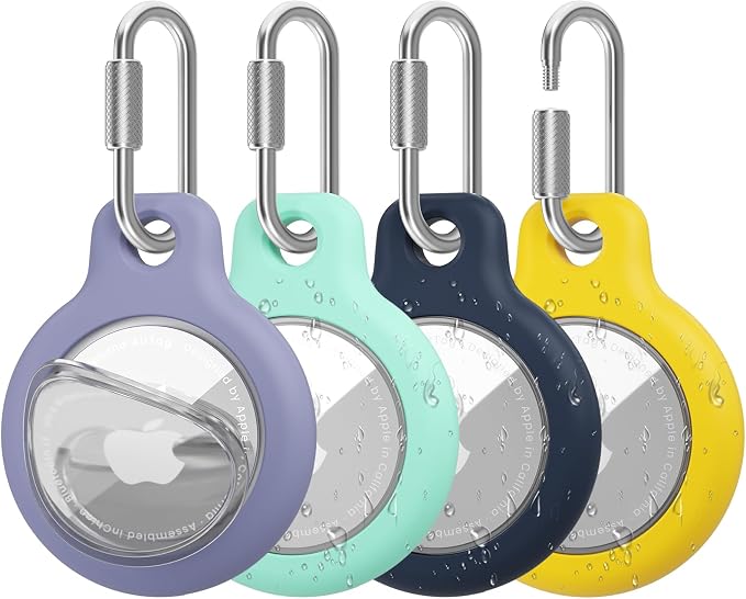 AirTag Holder with 304 Carabiner, 4 Pack IPX8 Waterproof Shockproof PC Hard Case by HOME