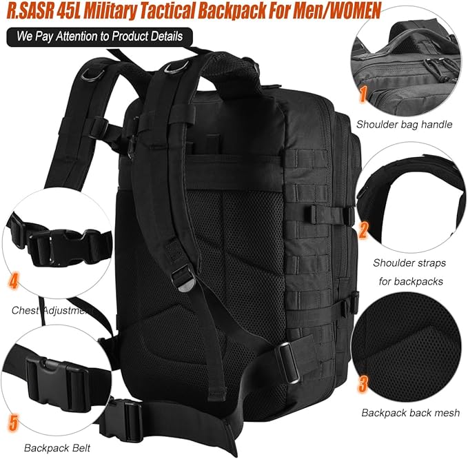 45L Tactical Backpack for Men Women, Military Assault Pack - Image 5
