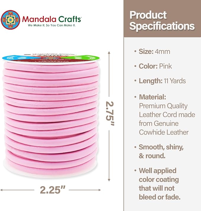 Mandala Crafts Round Genuine Pink Leather Cord - Image 4