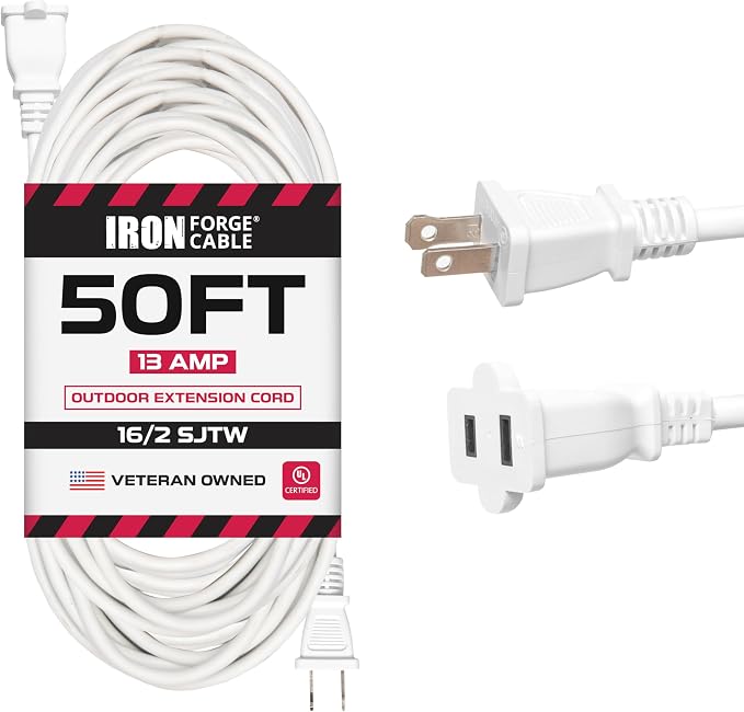 Iron Forge Cable 2 Prong Outdoor Extension Cord 50 ft, 16/2 SJTW 50 Foot White by IronForgeCable