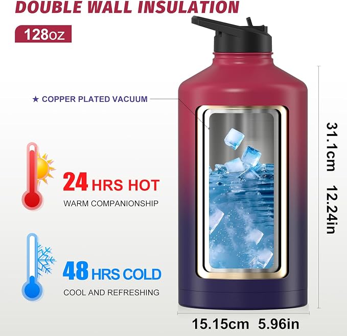 1 Gallon Water Bottle Insulated, BPA Free&Leak Proof, 128oz Stainless Steel - Image 3