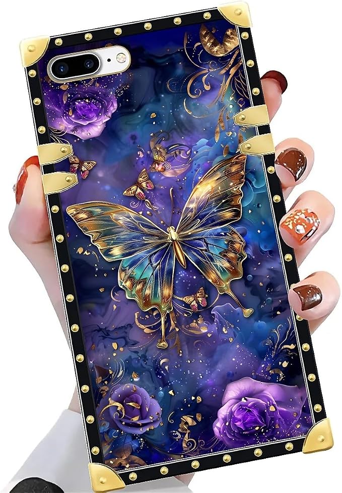 Compatible with iPhone 8 7 SE Case, Glistening Golden Butterfly Vibrant Purple - Image 3