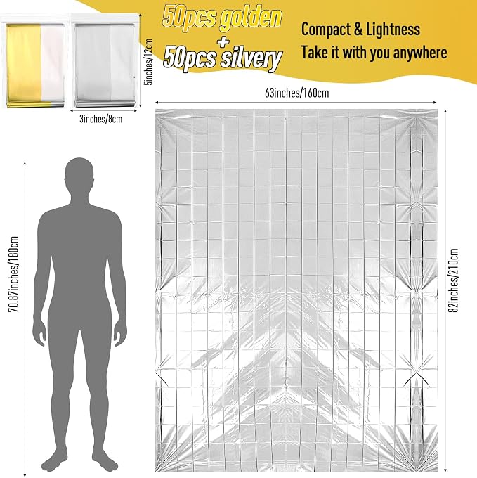 Kanayu 100 Pack Emergency Foil Thermal Blankets - Image 2