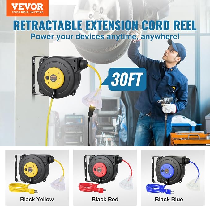 VEVOR Retractable Extension Cord Reel, 30 FT, Heavy Duty 16AWG/3C SJTOW - Image 2