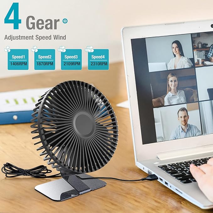 SLENPET 6-inch USB Small Desk Fan, 4 Speeds, Ultra-quiet, 90° Adjustment - Image 3
