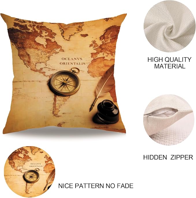 7COLORROOM Set of 2 Vintage World Map Pillow Covers Navigation Compass Square - Image 4