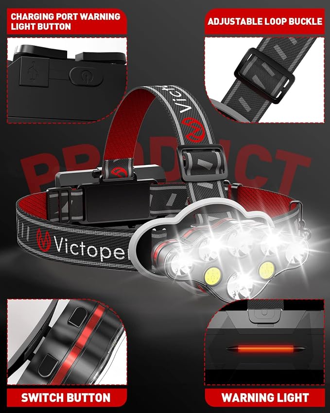 Victoper Rechargeable Headlamp, 8 LED High Lumen Super Bright Headlights - Image 4