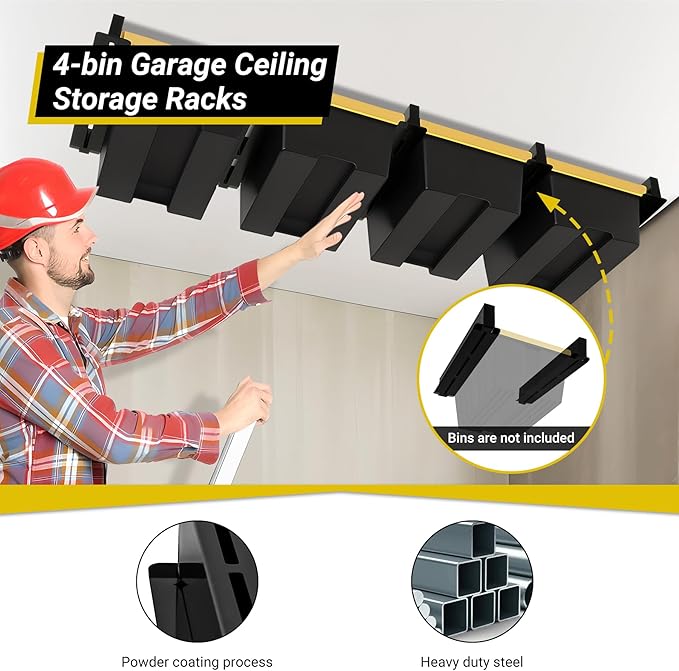 Overhead Garage Storage Rack 4-Bin, Heavy Duty Ceiling Racks w/ 400 LBS Load - Image 4