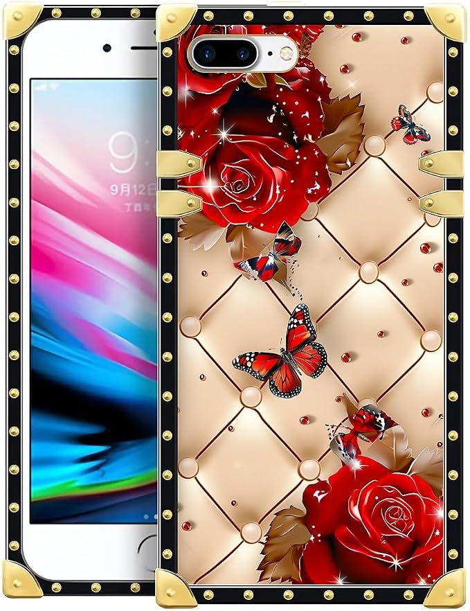 Compatible with iPhone 8 Plus 7 Plus Case, Shining Red Rose Butterfly Leather by Unknown