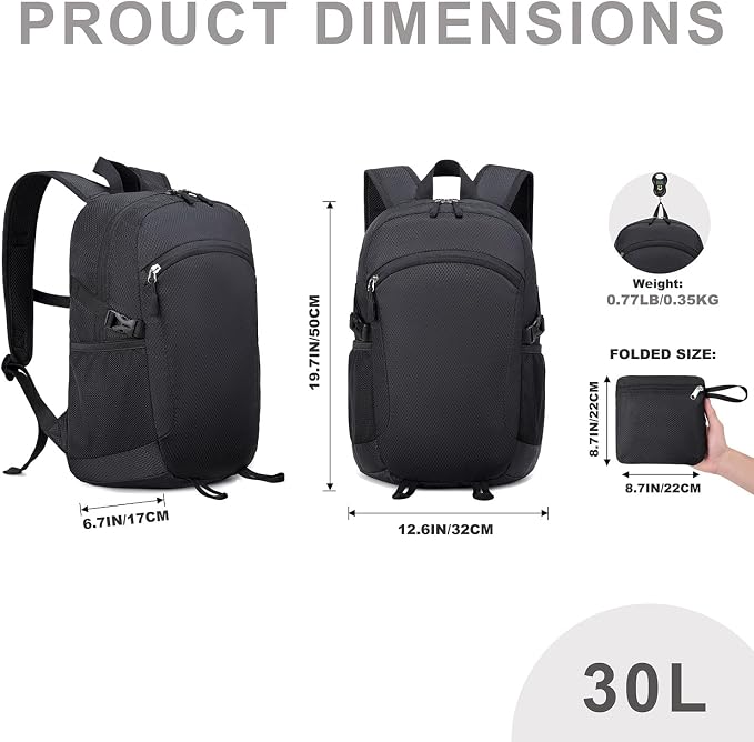 Lightweight Hiking Backpack 30L Packable Foldable Daypack Collapsible Travel - Image 7