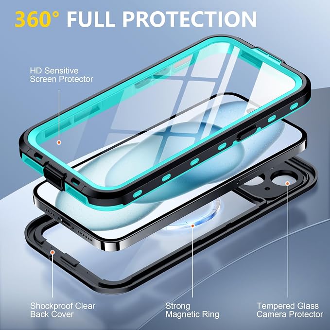Red2Fire for iPhone 15 Case Waterproof, Phone Case 6.1" Blue/Clear - Image 5