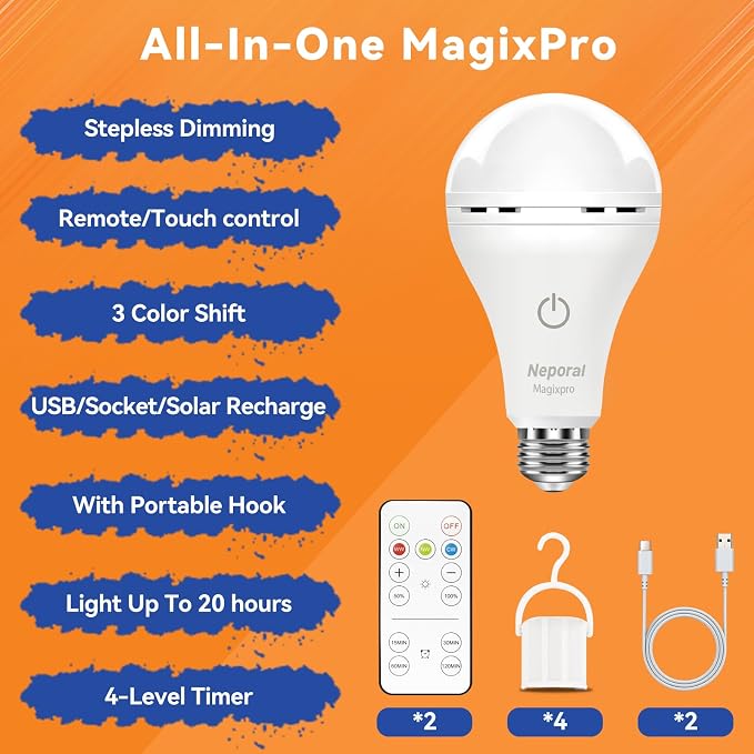 MagixPro Remote Rechargeable Light Bulbs, USB & Socket Charging, 1800mAh Battery - Image 6
