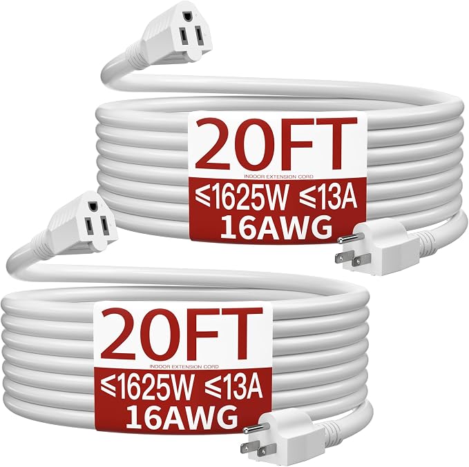 16/3 Short Extension Cord 20 FT 2 Pack, Indoor 3 Prong Power Cable, Suitable by Skrizcable