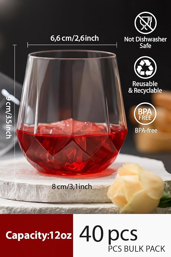 Oojami 40 Pack Diamond Shaped Plastic Wine Glasses 12 oz - Image 2