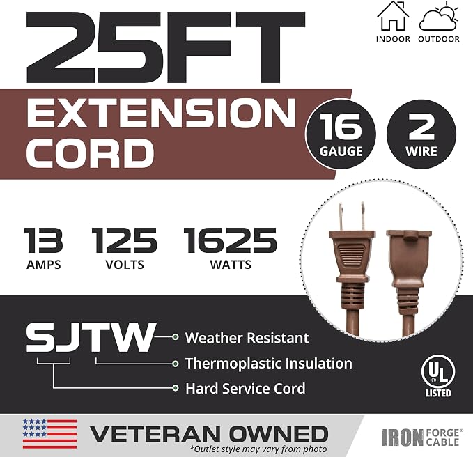 Iron Forge Cable 2 Prong Outdoor Extension Cord 25 ft, 16/2 SJTW 25 Foot Brown - Image 2