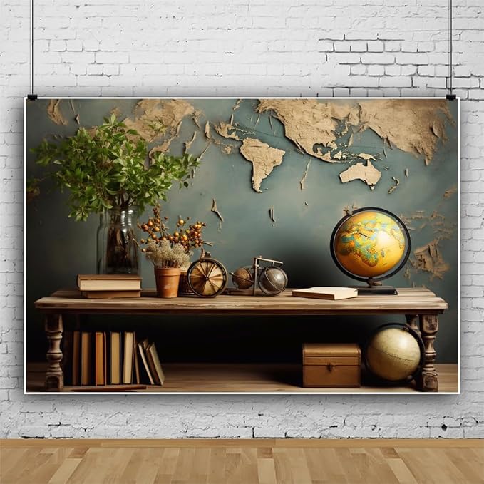 7x5ft Vintage World Map Backdrop Wooden Desk Globe Photography Background Study - Image 4