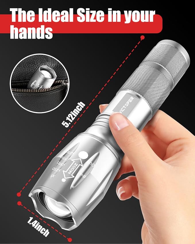 Victoper LED Flashlight 2 Pack Silver, Bright High Lumens Tactical Flashlights - Image 6