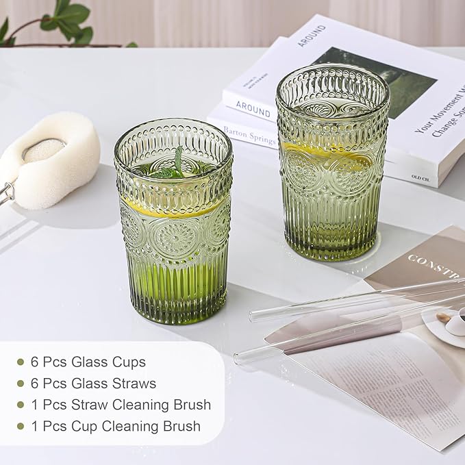 ZMOWIPDL Vintage Glassware Drinking Glasses Set of 6, 13 oz Green Textured - Image 5