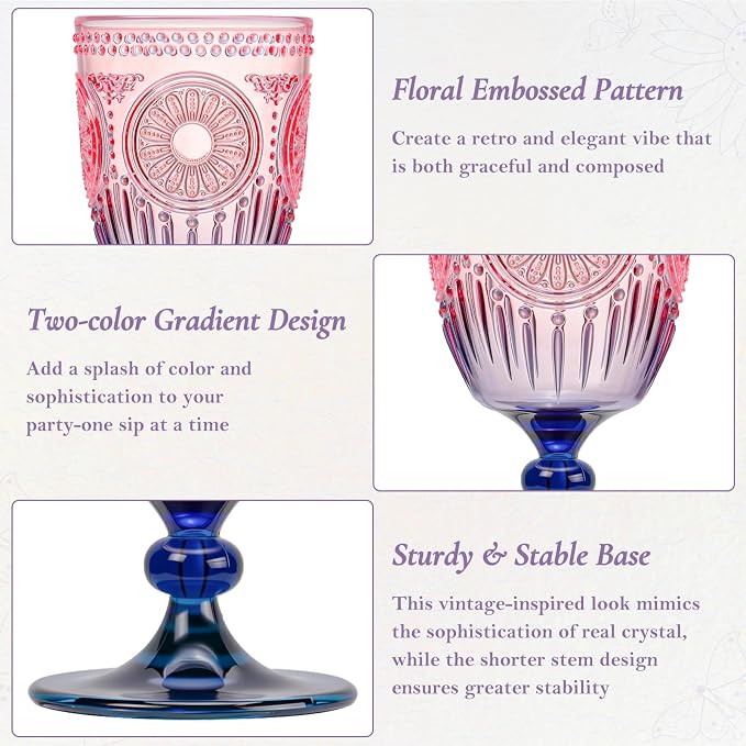 XUWAIDSGN 24Pcs Plastic Vintage Wine Glasses 13.5oz Reusable Embossed Goblet - Image 6