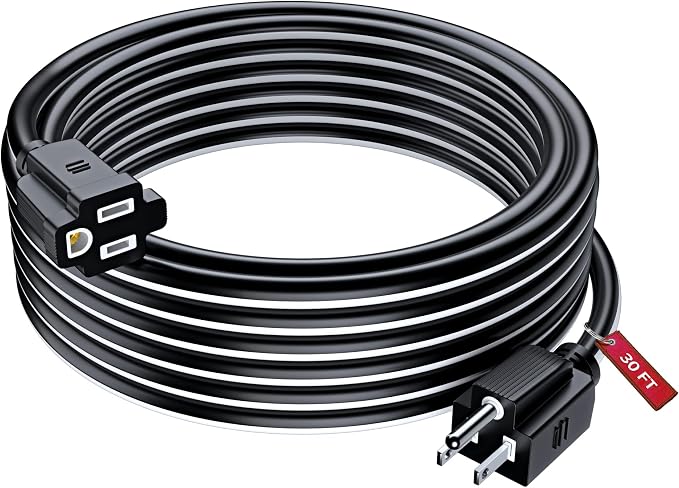Maximm 30 Ft Black and White Extension Cord, Heavy Duty 3-Prong Outdoor Power by MaximmCable