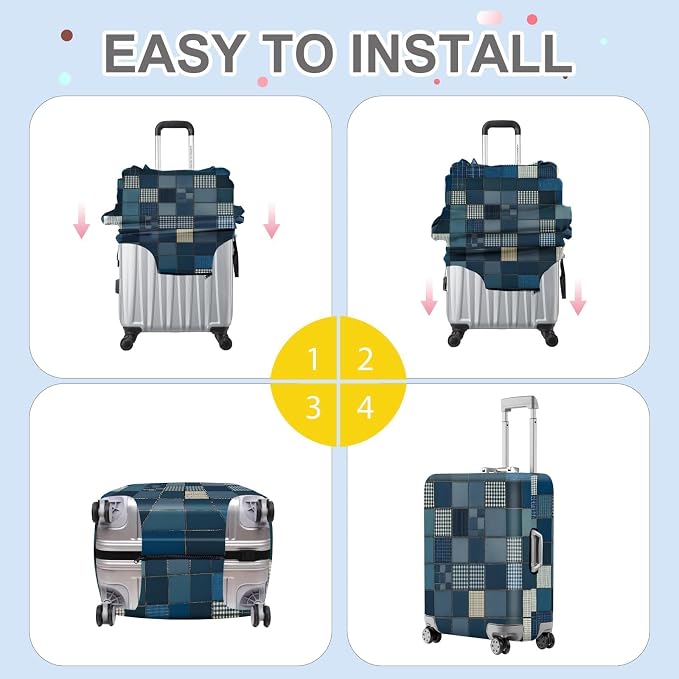 ANNA QUEEN Blue Patchwork Luggage Cover, Modern Grid Suitcase Protector - Image 5