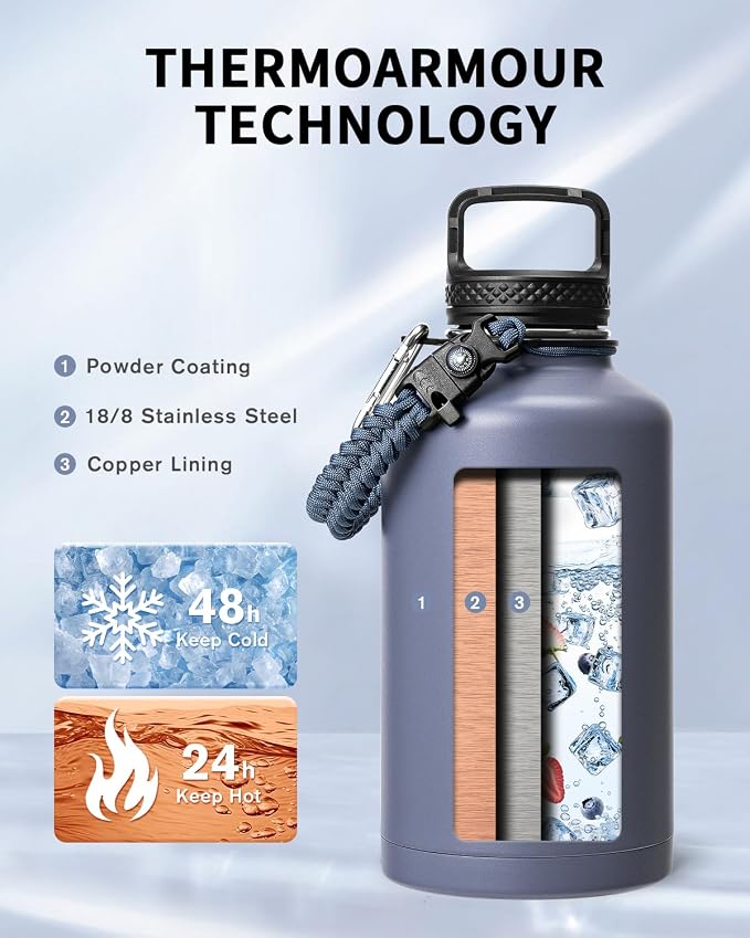Trebo Water Bottle 64oz with Paracord Handle, Half Gallon Large Vacuum Triple - Image 2