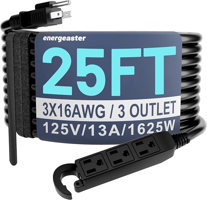 Energeaster 16/3 25 Ft 3 Outlet Extension Cord Outdoor Waterproof, 3 Prong by energeaster