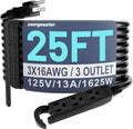 Energeaster 16/3 25 Ft 3 Outlet Extension Cord Outdoor Waterproof, 3 Prong by energeaster