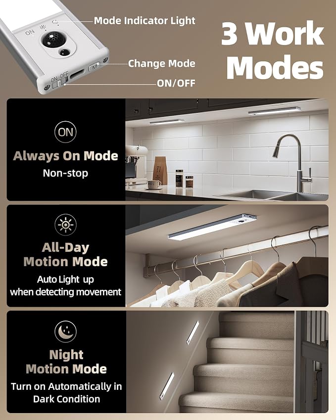 EZVALO 5-Pack Under Cabinet Lighting, 2400mAh Motion Sensor Light, LED Closet - Image 6