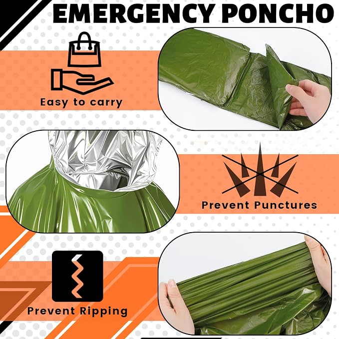 10 Pack Emergency Ponchos with Polyester Film Blanket Liner Waterproof - Image 4