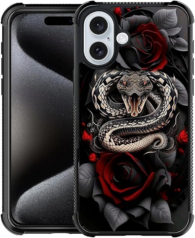 for iPhone 16 Plus Case, Entwined Rose Snake Pattern Graphic Design Girl Boy by FKBRCL4U