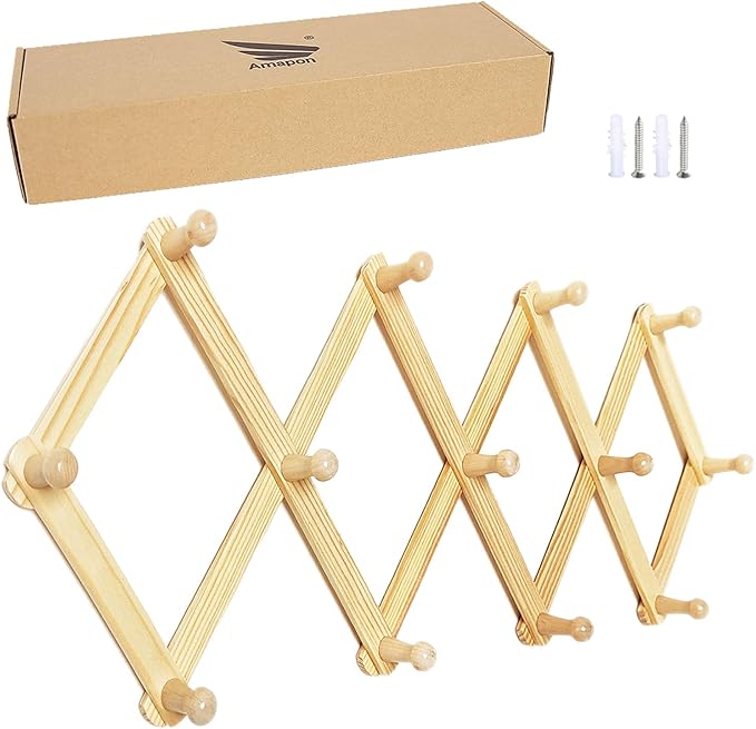 AMAPON Accordion Style Expandable Wall Wooden Coat Rack 13 Hooks Hang Hats by AMAPON