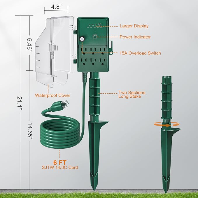 SURAIELEC Outdoor Power Stake, Dusk to Dawn Light Timer, 6 Electrical Outlet - Image 7