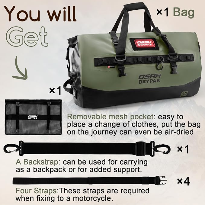 OSAH DRYPAK Waterproof Duffel Bag 25L/40L/60L – Heavy-Duty Motorcycle Tail Bag - Image 8