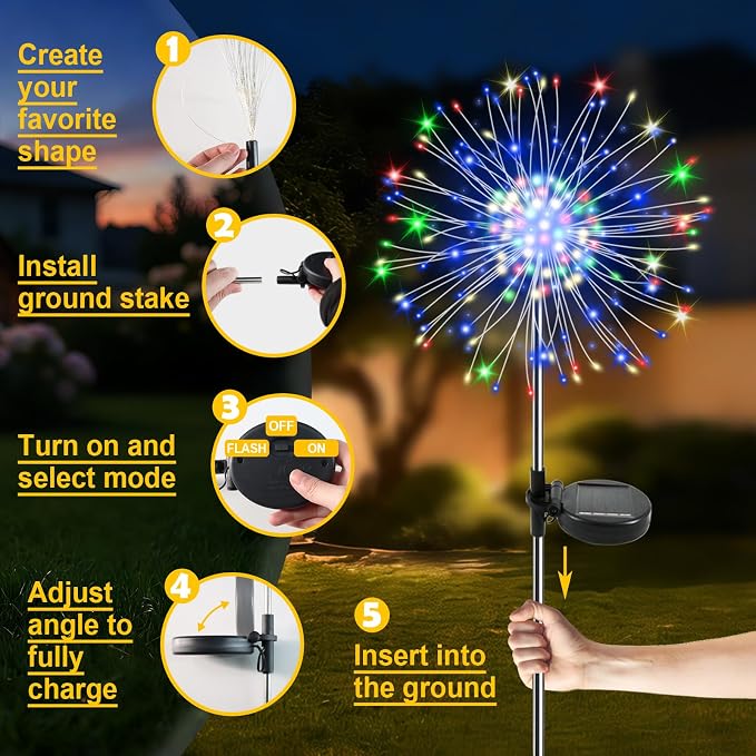 Solar Garden Lights Outdoor, 2 Pack 120 LED Twinkling Firework Lights Decorative - Image 6