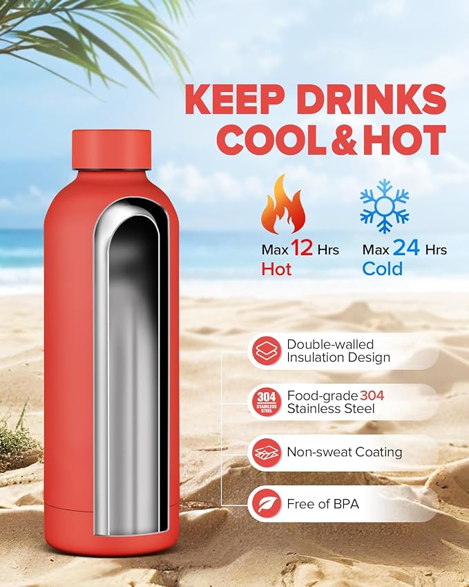 Insulated Water Bottle with Lid, 17 oz Reusable Leak-Proof Metal Stainless - Image 2