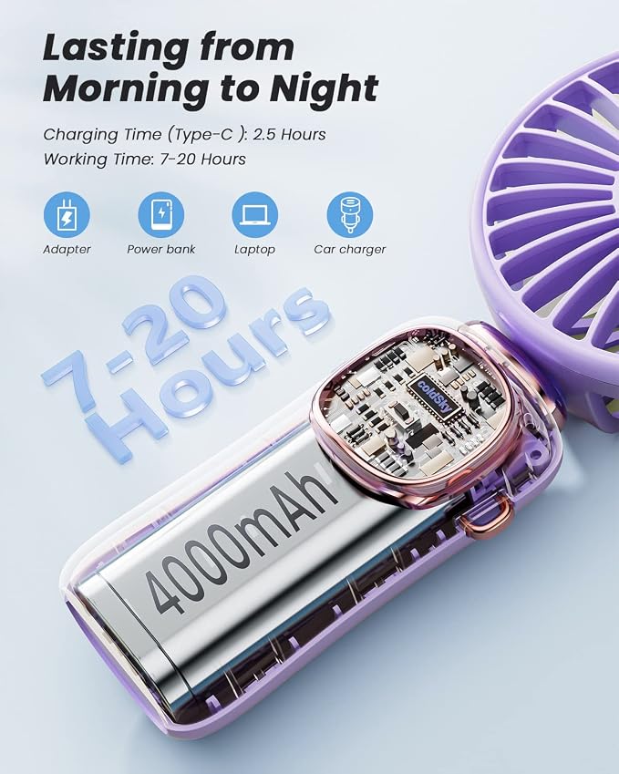 coldSky Portable Handheld Fan, 4000mAh Battery Operated 3 in 1 Multifunction - Image 3