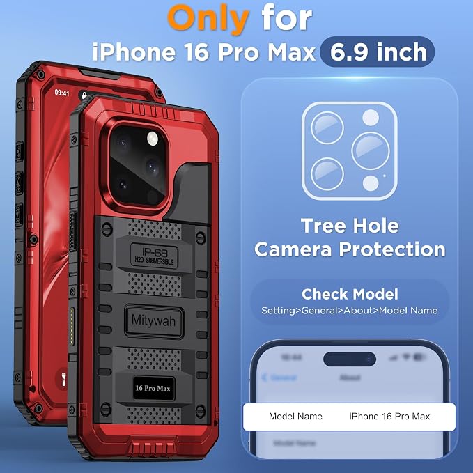 Mitywah Waterproof Case for iPhone 16 Pro Max, Heavy Duty Metal Cover - Image 2