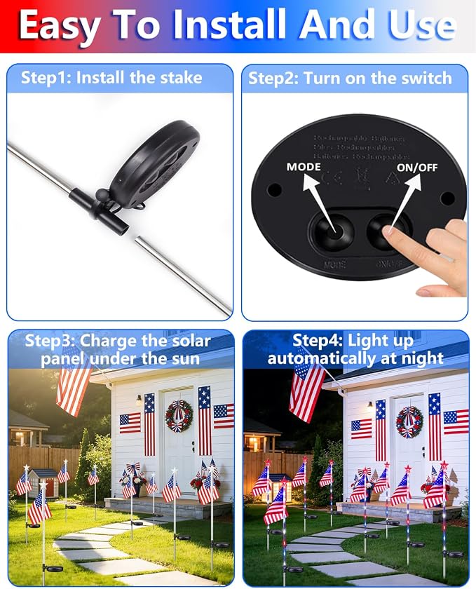 8 Pack American Flag Solar Lights Outdoor, 4th of July Decorations Red White - Image 3