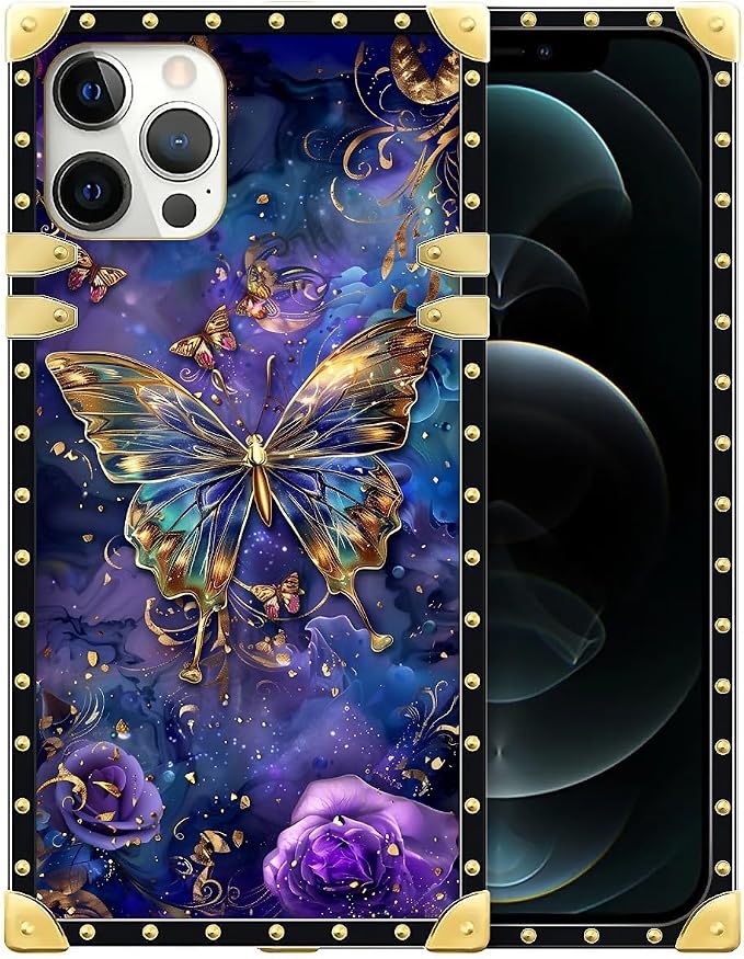 Compatible with iPhone 12 Case, Glistening Golden Butterfly Vibrant Purple Blue by Unknown
