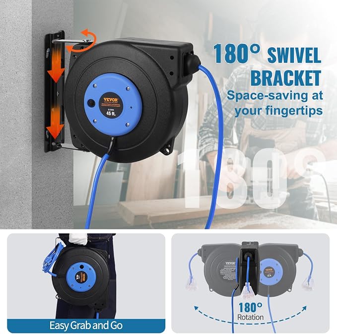 VEVOR Retractable Extension Cord Reel, 45 FT, Heavy Duty 12AWG/3C SJTOW - Image 6