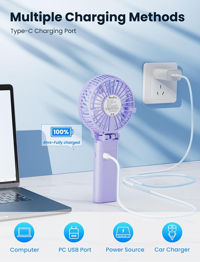 HandFan 5200mAh Handheld Fan Rechargeable, 20H Runtime Hand Fan, 3 Speeds - Image 9