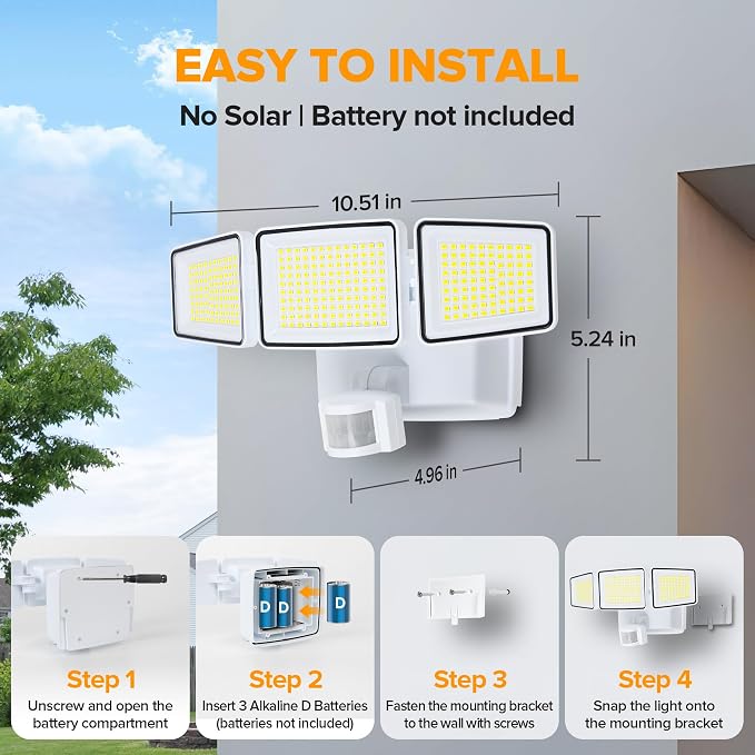 UME Battery Powered Motion Sensor Outdoor Lights 302 LED 1800LM, IP65 - Image 6