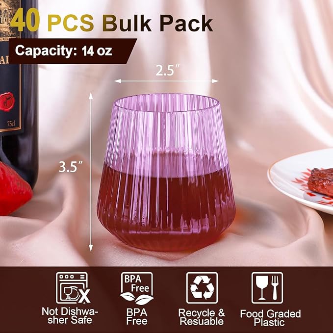 Lueumxc 40 Pack Plastic Ribbed Wine Glasses, 14Oz Origami Disposable Wine - Image 2