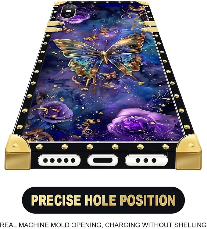 Compatible with iPhone XR Case, Glistening Golden Butterfly Vibrant Purple Blue - Image 5